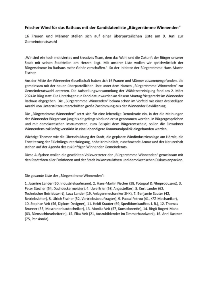 Pressemitteilung an den ZVW