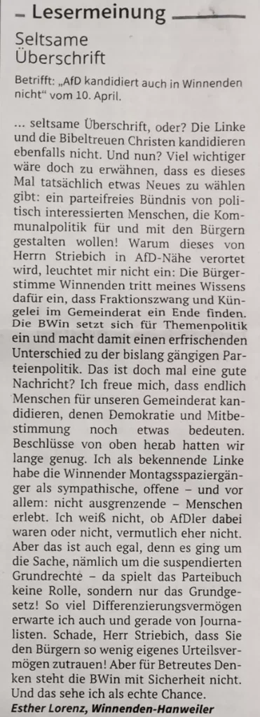 Leserbrief in der Presse vom 15.04.2024 von Esther Lorenz